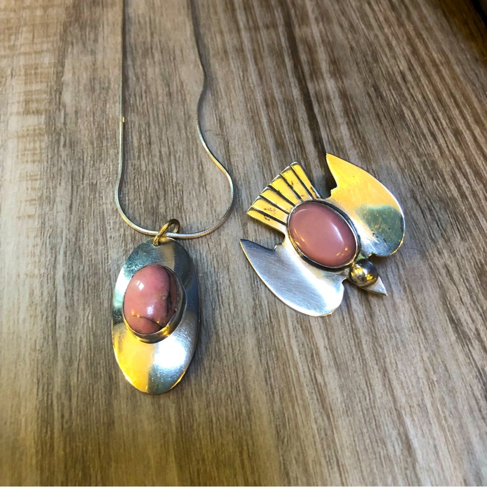 Sterling Rhodonite Pin & Necklace